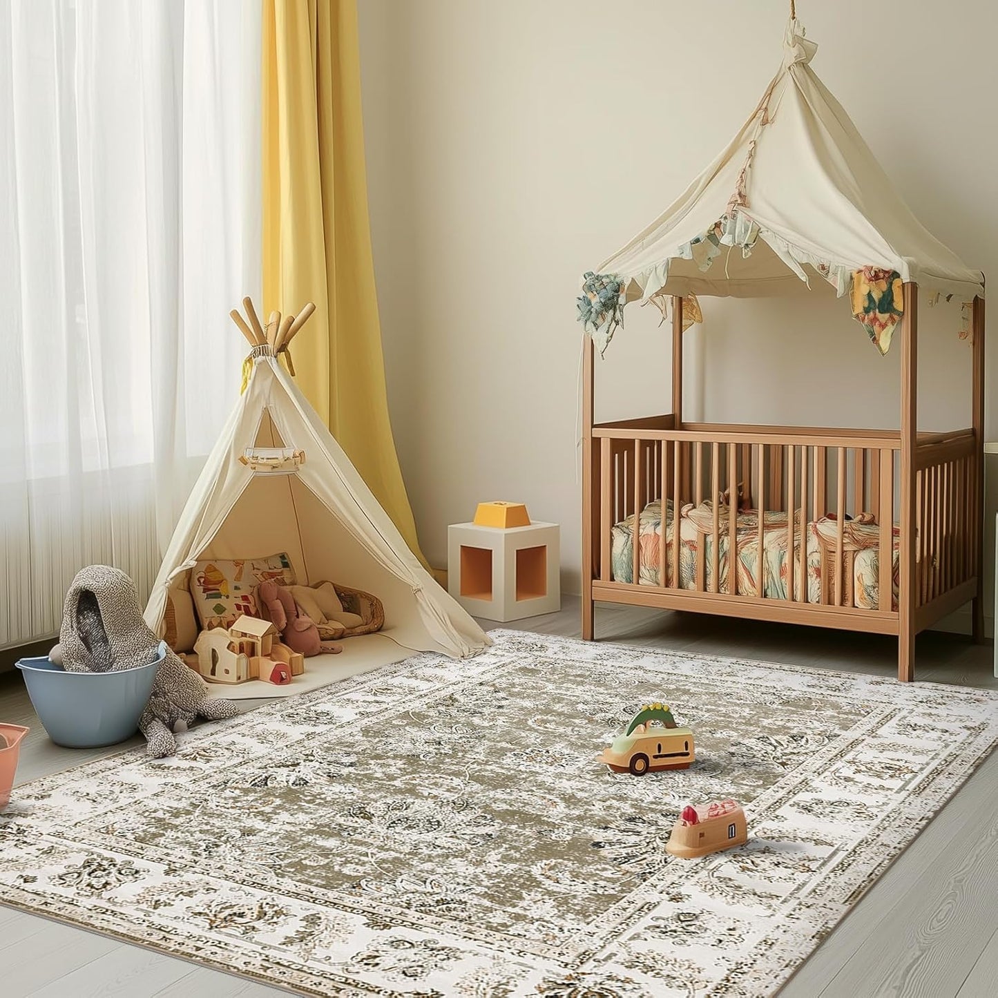 jinchan Washable Area Rug 4x6 Ultra-Thin Low Pile Non Slip Stain Resistant Soft Faux Wool Floral Rug Distressed Boho Vintage Carpet for Bedroom,Living Room,Dining Room,Kitchen,Nursery(Taupe, 4' x 6')