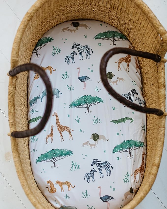 Baby Bassinet Sheets for Boy, Girl (Safari Adventures) 2-Pack - Fitted Bedside Bassinet Sheets - Buttery Soft Cotton Blend for Standard Mattress Pad - Compatible with Halo BassiNest