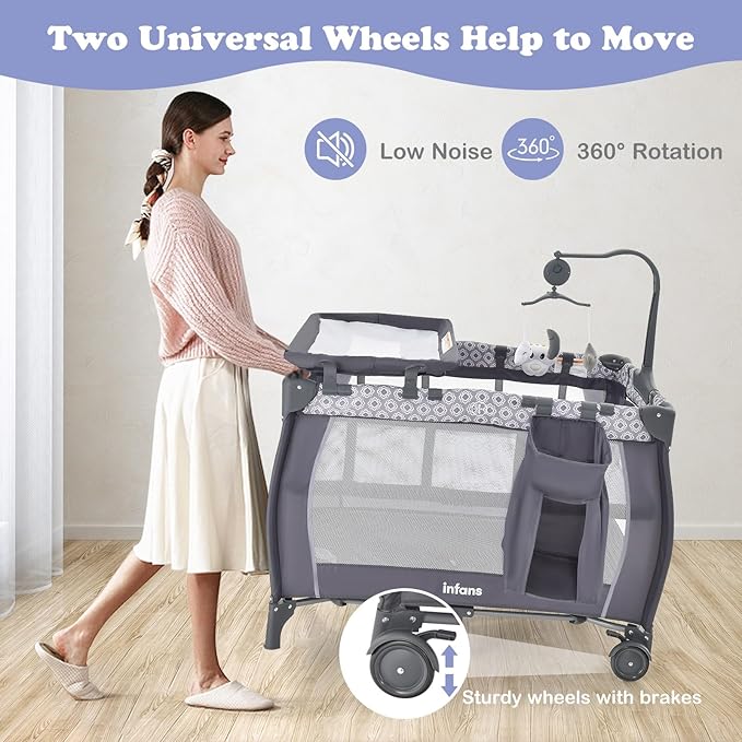 INFANS 3 in 1 Pack and Play, Portable Travel Baby Crib Bassinet with Detachable Mattress, Newborn Changing Table, Foldable Playpen with Carry Bag and 2 Wheels (Classic)