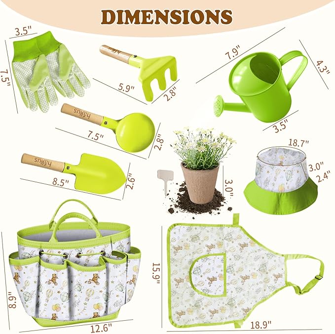 Kids Gardening Tool Set 18PCS Kids Toddler Gardening Set Includes Tote Bag Watering Can Apron Hat Rake Shovel Spoon Gloves Plant Pots and Labels, Outdoor Toys Gift for Boys Girls (Green)