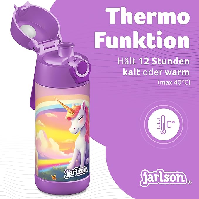 Jarlson® Mali Children's Water Bottle, Thermal Stainless Steel Water Bottle, BPA-Free, Leak-Proof, Children's Bottle with Chug Lid, Bottle for School, Nursery (Unicorn Purple, 12 oz)