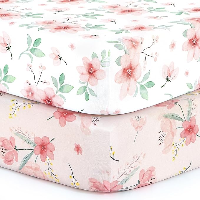 BROLEX Baby Fitted Crib Sheets: Kid Crib Sheets - Set of 2 for Toddler Standard Size Crib Mattress for Boys and Girls - Jersey Knit Crib Bed Sheets Pink Blossom