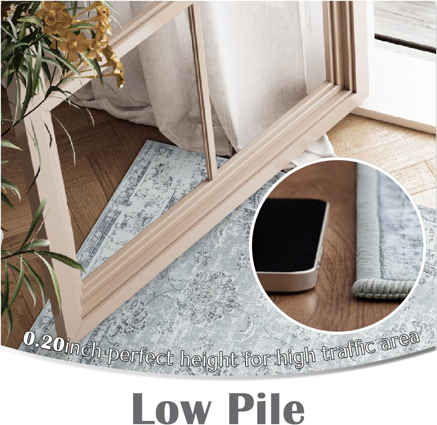 jinchan Washable Area Rug 8x10 for Living Room Soft Faux Wool Ultra-Thin Stain Resistant Non-Slip Distressed Vintage Floral Large Carpet for Bedroom,Dining Room,Home Office,Nursery(Grey, 8'x10')