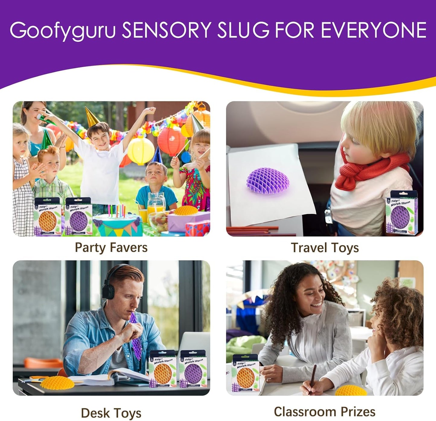 Fidget Worm Toy 2 Pack, Sensory Slug Fidget Toy, Funny Pocket Fidget Toy, Resistance Fidget Toy Anxiety & Stress Relief Toys, EDC Executive Desk Toys (Yellow+Purple)