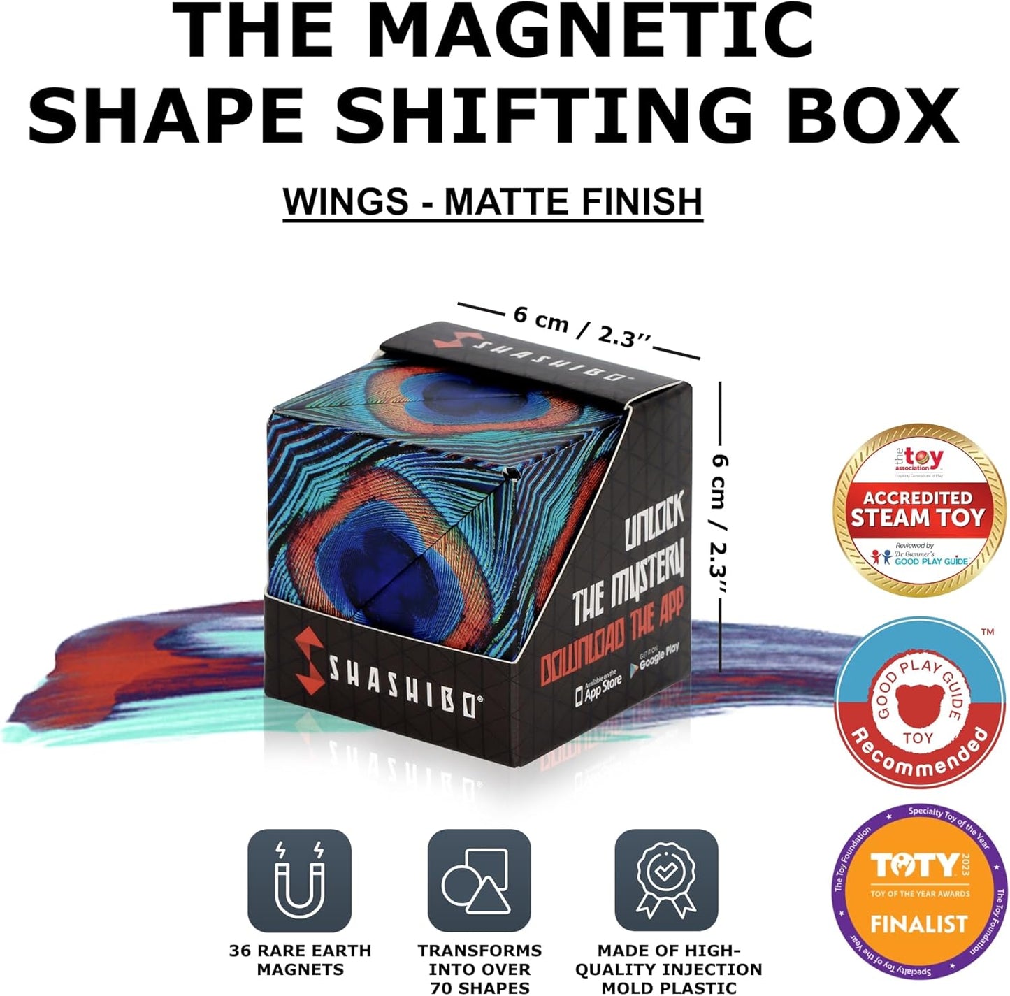 Shashibo Shape Shifting Box - Award-Winning Fidget Toy w/ 36 Rare Earth Magnets - Fidget Cube Transforms Into Over 70 Shapes, Sensory Toy Gift for Kids, Teens, and Adults (Wings)