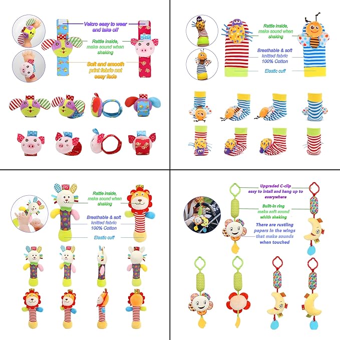 Bloobloomax Wrist and Foot Rattles - Hanging and Hand Bracelet Rattles, Ankle Socks for Newborns and Infants (12pcs)