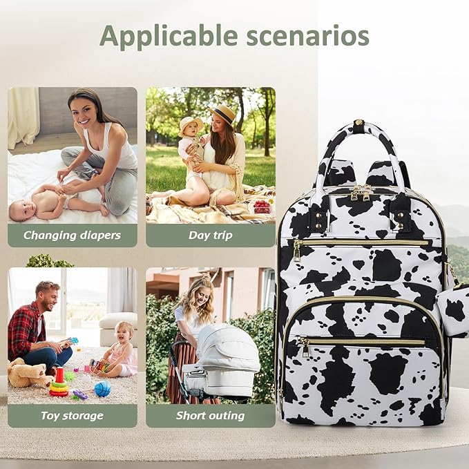 Diaper Bag Backpack,Baby Essentials Diapers Bag with Pacifier Case,Multipurpose Stylish Large Capacity Travel Backpack for Baby Girl/Boy(L-Cow Print)