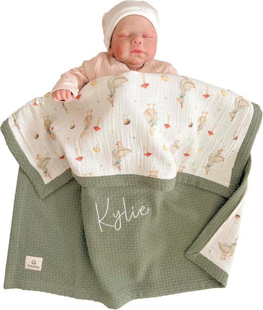 Personalized Baby Blanket with Name – Handmade 100% Organic Cotton Newborn Gift | Custom Knit Blanket for Boys, Girls, Kids & Baby Showers (Sage Green/Goose & Cap)