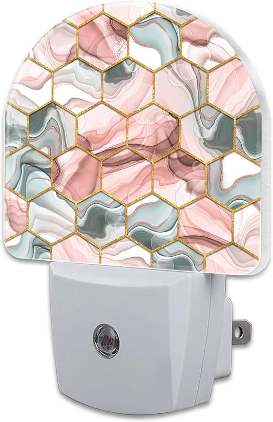 Red Gray Hexagon Marble Night Light Plug into Wall, Abstract Gold Liquid Marble Dusk to Dawn Night Light Plug in,0.5w Energy Saving Sleep Friendly NightLight for Kids Boys Girls Home Decor