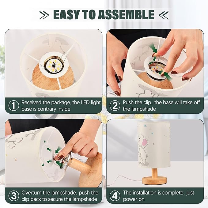 Table Lamp Cute Elephant Baby Play Autumn Leaves Rain Cloud Cartoon Animal Nightstand Lamp with Wood Base Fabric Lamp Shade Bedside Desk Lamp for Living Room Bedroom Kids Room Office