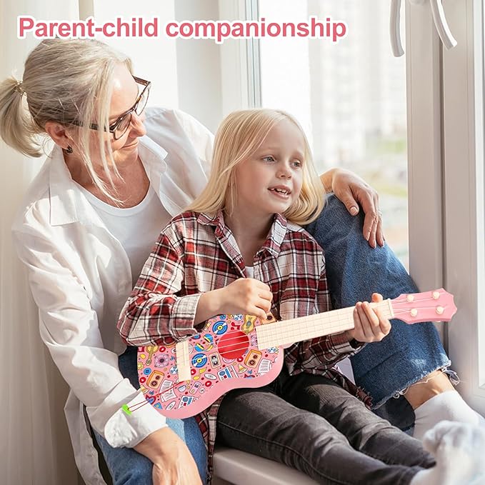 LeeQee 21in Colorful Graffiti Ukulele Guitar for Kids, 4 Strings Kids Guitar Ukulele Musical Instruments Learning Educational Toys with Picks for 3 4 5 6 7 8 9 10 11 12 Toddler Boys Girls (Pink)