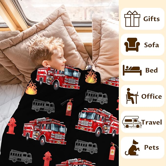 Boys Fire Truck Blankets Cute Throw Blankets Gift for Kids Adults, 50x60 Inches Lightweight Warm All Season Throw for Sofa Couch Bedroom