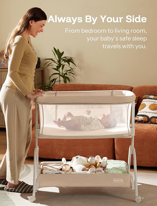 HARPPA Cuddly Bassinet, 2 in 1 Baby Bassinet with Breathable Mesh and Mattress, 6 Height Adjustable, Bedside Sleeper with Anchor Strap, Storage Basket and Wheels, Beige
