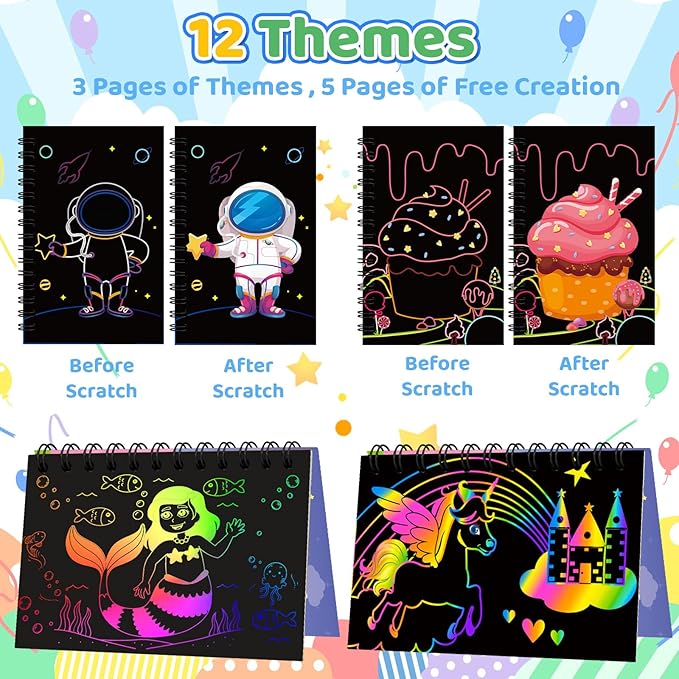 12 Pack Scratch Art Party Favors for Kids - Rainbow Scratch Paper Notebook with Scratch Off Cards Easter Basket Stuffers Birthday Goodie Bags Stuffers with - Return Gifts DIY Classroom Prizes