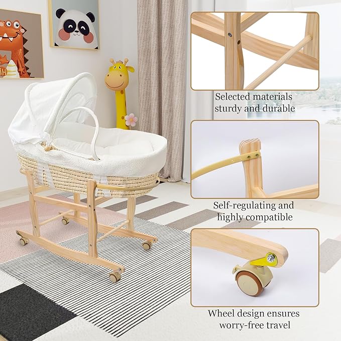 Moses Basket Stand, Bassinets Stand, Wooden Rocking Moses Baskets Stand for Baby Bassinets, Mose Basket Bassinet Stand Adjustable Bassinet Rocker with Wheels