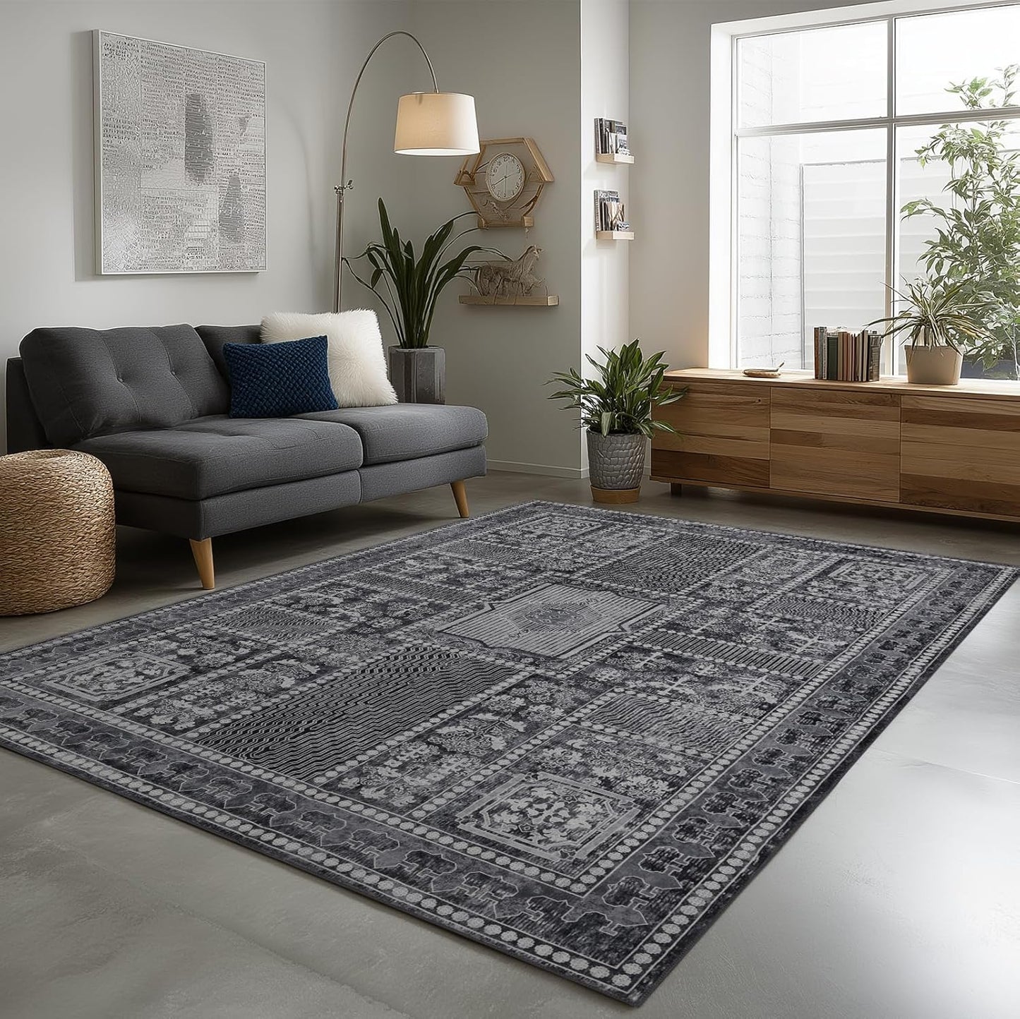 4x6 Washable Area Rug for Living Room, Carpet for Bedroom, Soft Faux Wool Retro Dining Room Rug, Non Slip&Non-Shedding Resistant Low Pile Vintage Print Rug for Home Office (Grey)