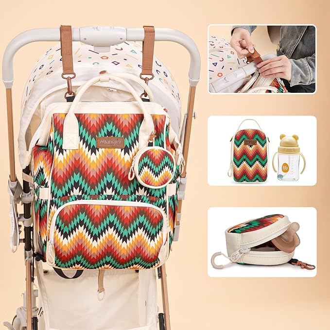 Montana West Wrangler Callie Diaper Bag Backpack with Pacifier Case, Crossbody Bottle Bag and Stroller Straps Western Pattern Multifunction Baby Travel Bag Set WG2216-9110TN