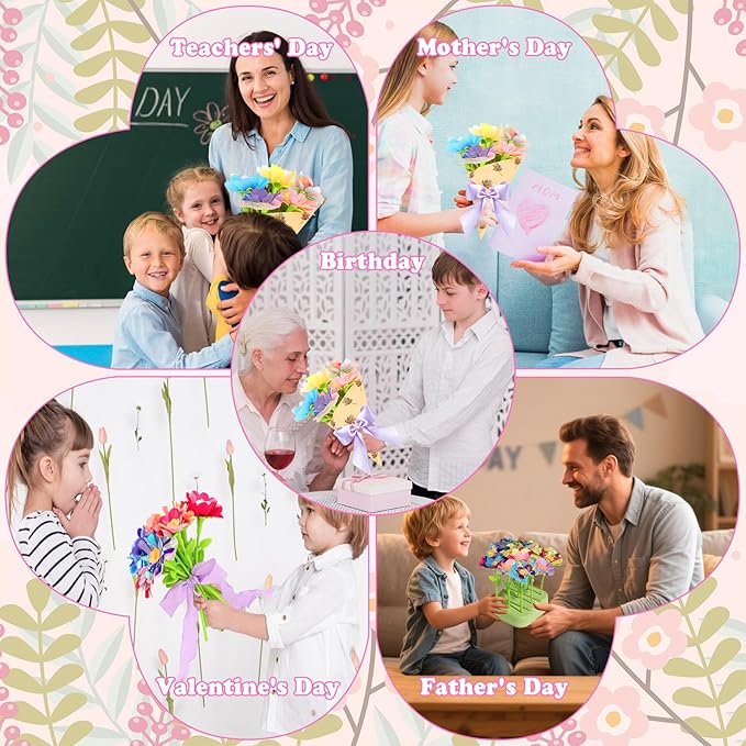 Autotechnx 216PCS Fabric Flower Bouquets Toys, Arts and Crafts for Kids Ages 3-12, DIY Flower Bouquet Kit, Girls & Boys Birthday Gift Ideas, Creative Preschool Learning Educational Toys