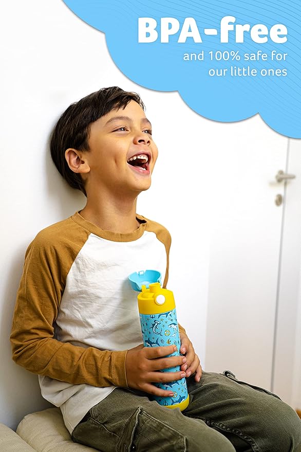 Jarlson® Mali Children's Water Bottle, Thermal Stainless Steel Water Bottle, BPA-Free, Leak-Proof, Children's Bottle with Chug Lid, Bottle for School, Nursery (Sharks, 500 ml)