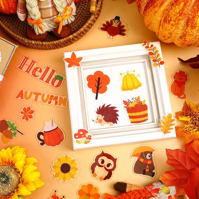 MARFOREVER 50 PCS Fall Gel Window Clings, Autumn Harvest Pumpkins Maple Leaf Pine Cones Thick Window Gel Clings Decals for Kids Fall Thanksgiving Classroom Nursery Home Party Supplies Decorations