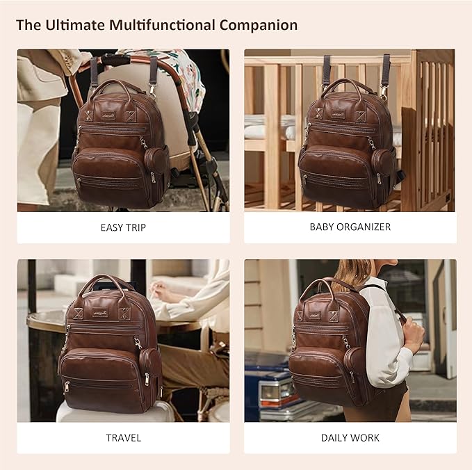 Premium Vegan Leather Diaper Bag Backpack with Waterproof Changing Pad, Reinforced Zippers & Odor-Free,20 Pockets Pro Organizer, Fits 15.6" Laptop, Stroller Straps, Baby Bag for Mom,Dark Brown