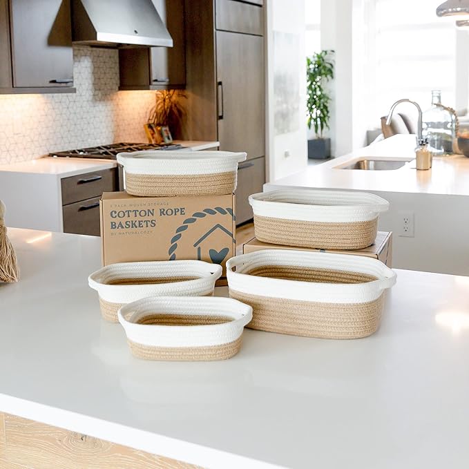 NaturalCozy 5-Piece Rectangle Storage Basket Set- Natural Cotton Rope Woven Baskets for Organizing! Small Basket for Montessori, Baby Nursery, Dog Toy Baskets, Cat Toy Box, Bathroom Organization Bin