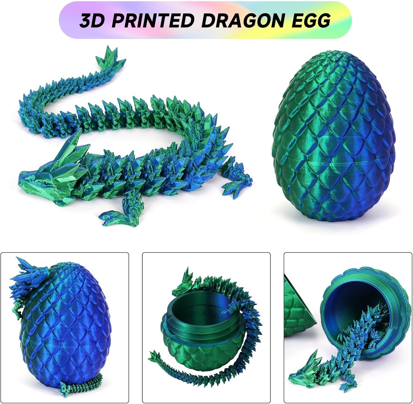 3D Printed Dragon Egg,Dragon Eggs with Dragon Inside,Crystal Dragon Fidget Toys,Full Articulated Dragon Dragon in Egg,Adults Fidget Toys for Autism ADHD (Laser Green-12inch)