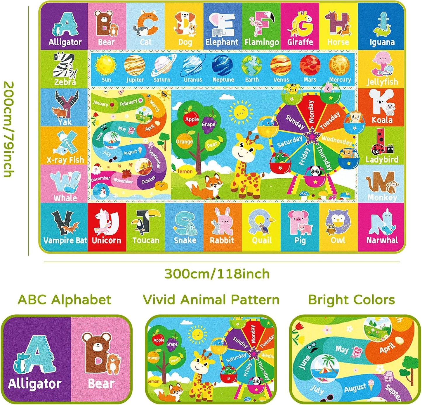 Kids Rug for Playroom, Kids Baby Playmat with Alphabet, Month, Weather, Week and Shapes ABC Educational Rug, Play Mat Carpet for Bedroom Classroom (110.2X78.7 INCH, Ferris Wheel)
