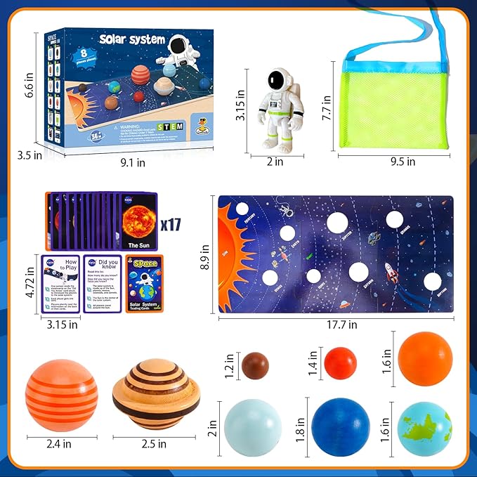 COOLDUCK 30 Pcs Wooden Solar System Model Board Toy Kit, Montessori Planet Balls Toys with Astronaut Figures, Preschool Learning Educational Puzzle, Space Knowledge Flash Cards Learning Toys for Kids
