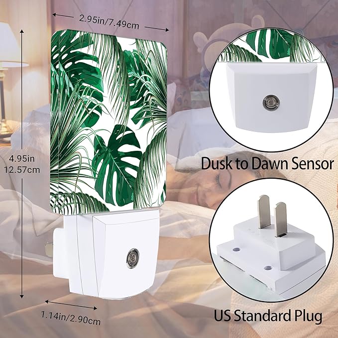 Green Palm Night Light Plug in Wall Lamp Smart Dusk to Dawn Sensor for Home Decorative, Kids Room Bedroom Bathroom Kitchen Hallway Gifts
