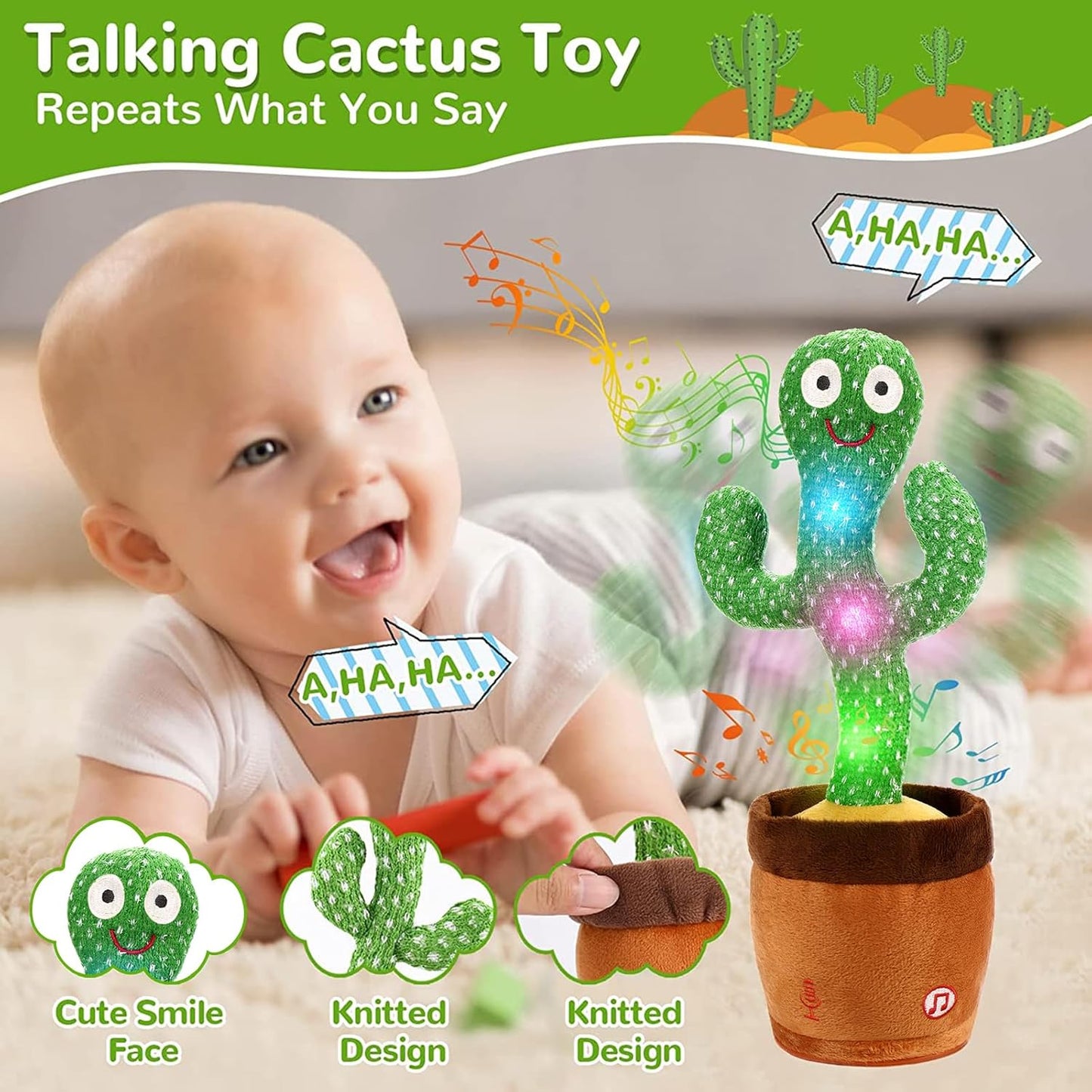 Dancing Talking Cactus Toy for Babies & Toddlers - 120 English Songs, Interactive Repeating Repeats What You Say for Baby Toy,Tummy Time Toys –Baby Toys Girls Gifts