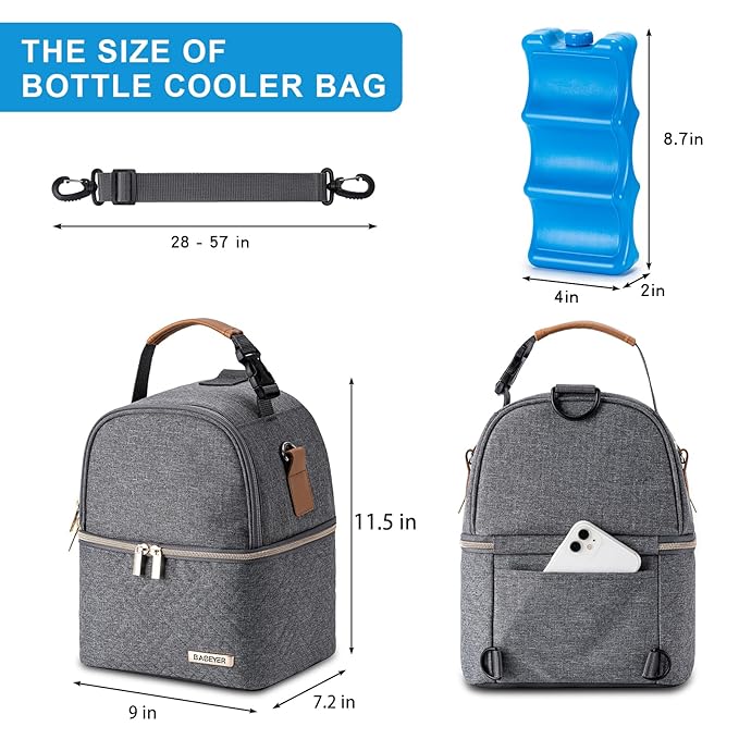 Breastmilk Cooler Bag with Ice Pack Fits 6 Baby Bottles up to 9 Ounce, Breast Milk Pump Cooler Bag with Shoulder Strap for Nursing Mom Daycare, Work, Travel- Dark Grey