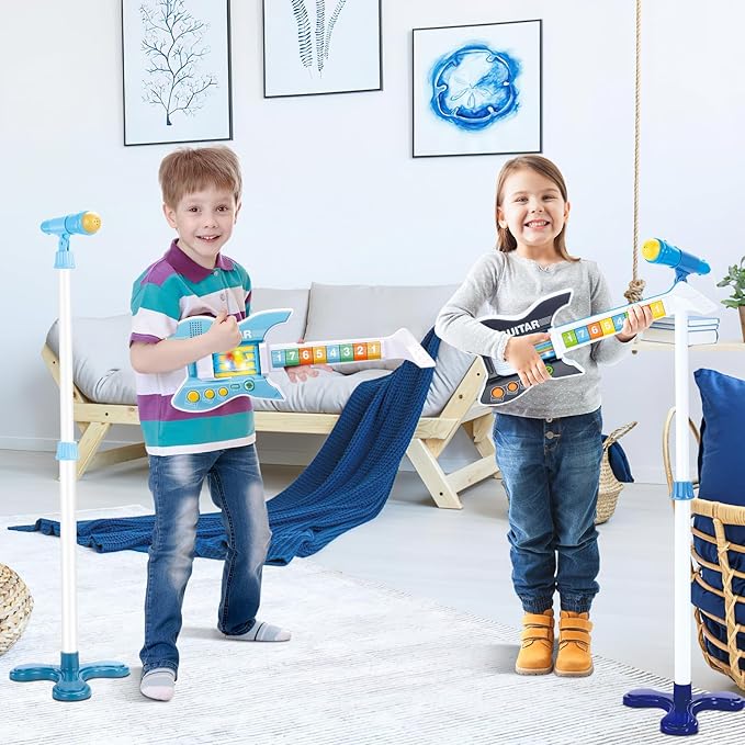 deAO Kids Guitar and Microphone Set with Stand Adjustable Height Music Light Karaoke Music Toys Christmas Birthday Gift for Kids Boys Girls (Blue)
