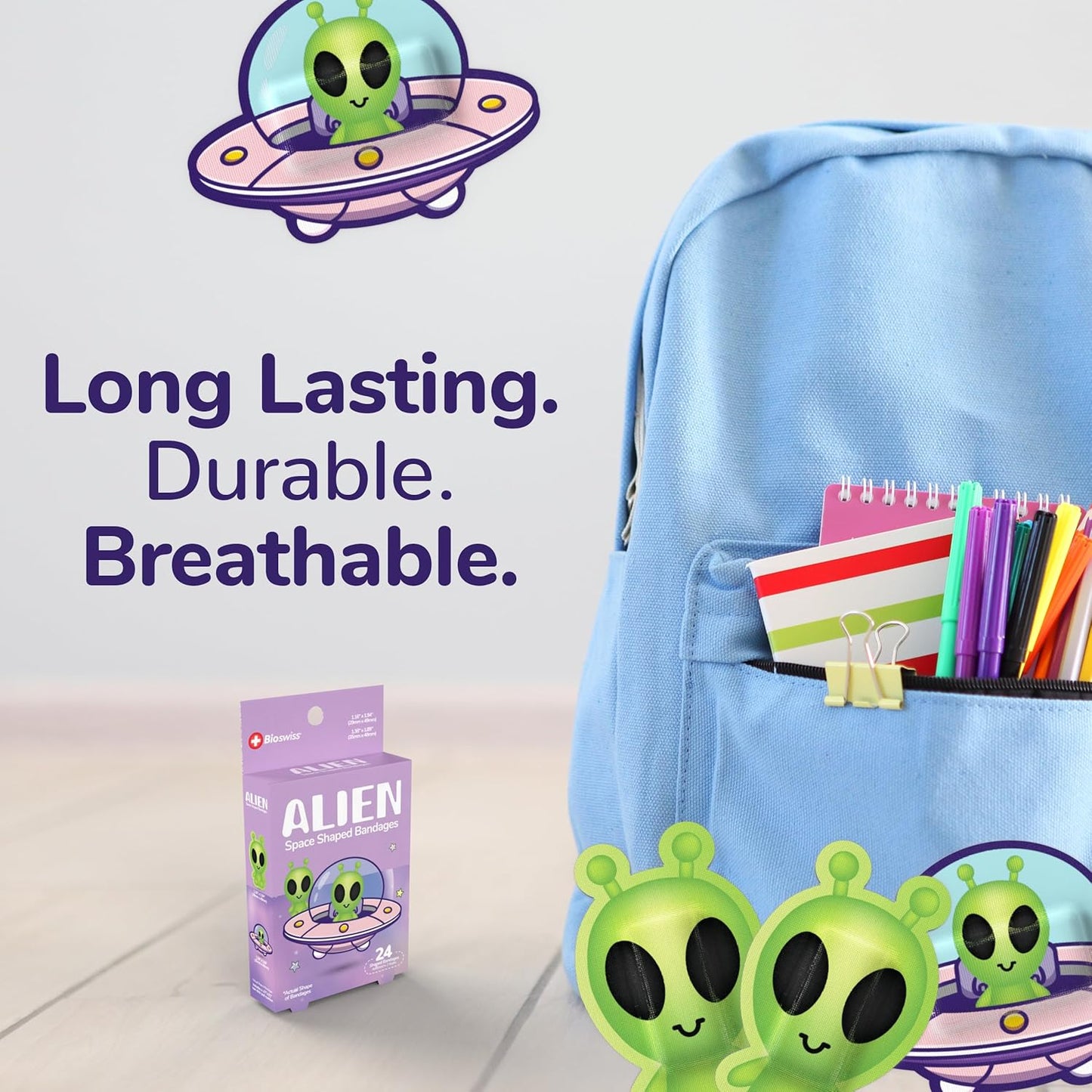 BioSwiss Bandages, Halloween Alien Shaped Self Adhesive Bandage, Latex Free Sterile Wound Care, Fun First Aid Kit Supplies for Kids, 24 Count