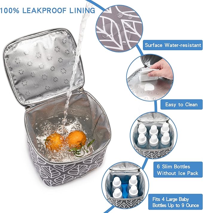Breast Milk Cooler Bag with Ice Pack Fits 4 Baby Bottles Up to 9 Ounce, Baby Bottle Bag for Nursing Mom Daycare-Grey