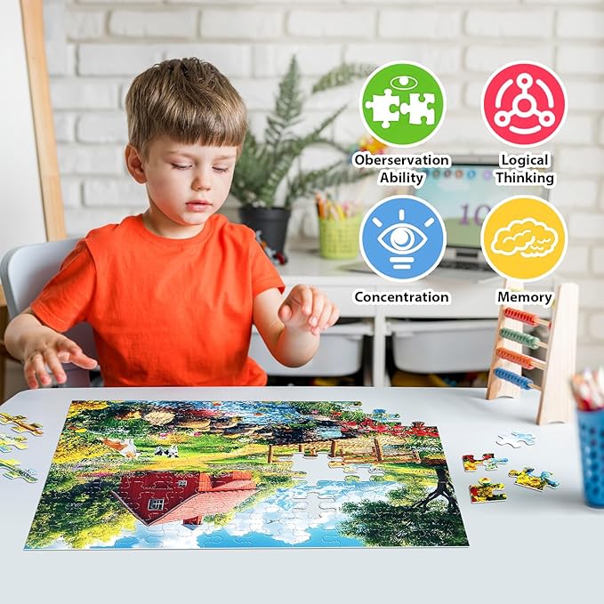 Jeaiciro 100 Piece Puzzles for Kids Ages 4-6 & 8-10, Farm Countryside Jigsaw Puzzle for Kids and Adults Educational Toys Fun Large Pieces Puzzles for Seniors Family Activity Gifts for Kid
