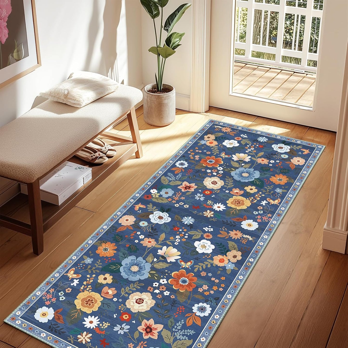 Floral 2x6 Area Rug Machine Washable Soft Print Boho Carpet Non Slip Doormat Low Pile Flower Area Rugs for Living Room Bedroom Nursery Kitchen Dining Room Indoor-Blue/Grey