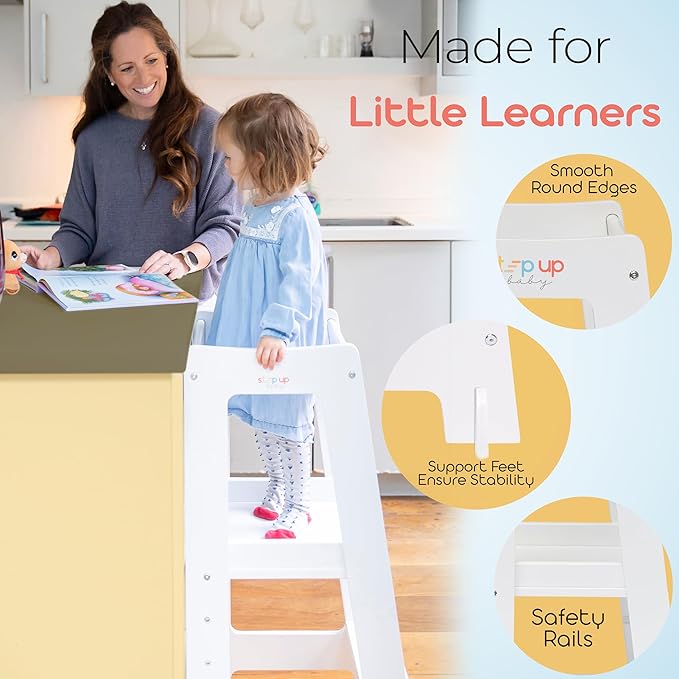 Stepup Baby Toddler Step Stool - Adjustable Height Kids Helper Step Stool, Durable, Non-Slip & Bathroom Sink, Platform for Kitchen, Toddler Tower for Exploration and Growth - White