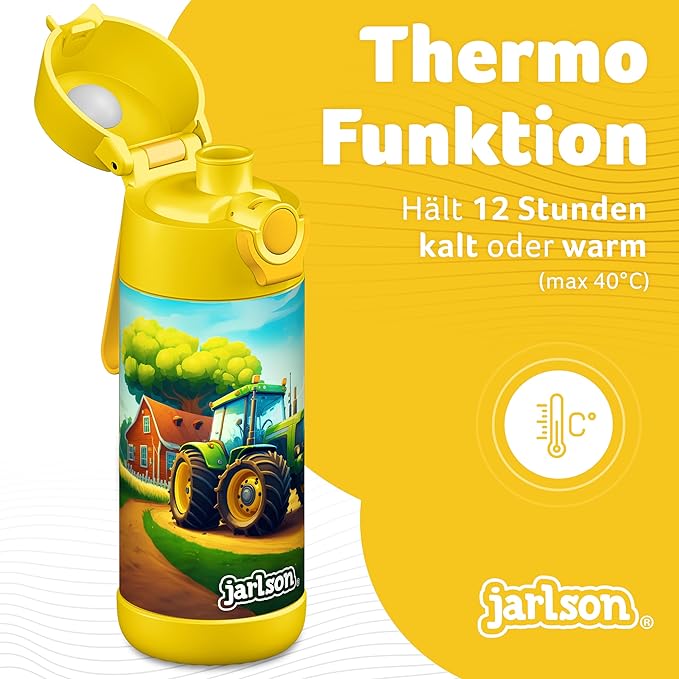 Jarlson® Mali Children's Water Bottle, Thermal Stainless Steel Water Bottle, BPA-Free, Leak-Proof, Children's Bottle with Chug Lid, Bottle for School, Nursery (Tractor Yellow, 12 oz)