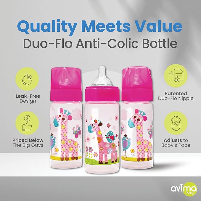 Avima 9 oz Anti Colic Baby Bottles for Breastfed Babies - Medium Flow Nipples, Wide Neck Bottle, BPA Free - 3-6 Months, Stage 2 (Set of 3) Pink Baby Bottles - Giraffes