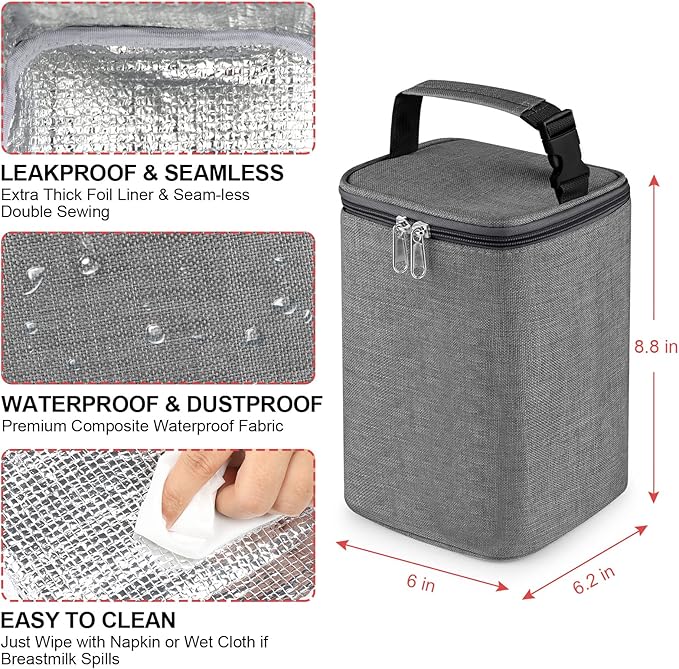 Accmor Breastmilk Cooler Bag with Ice Pack, Baby Bottle Cooler Bags, Insulated Tote Bags On The Go, Fits 4 Large 8oz Bottles, for Nursing Mom Daycare Travel, Grey
