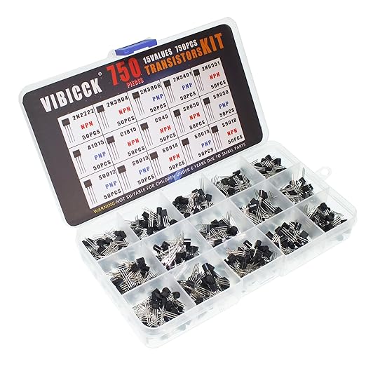 15Values 750 PCS Assorted Type General Purpose TO92 Transistors PNP NPN Bipolar Power Transistor Assortment Kit with Individual Compartment