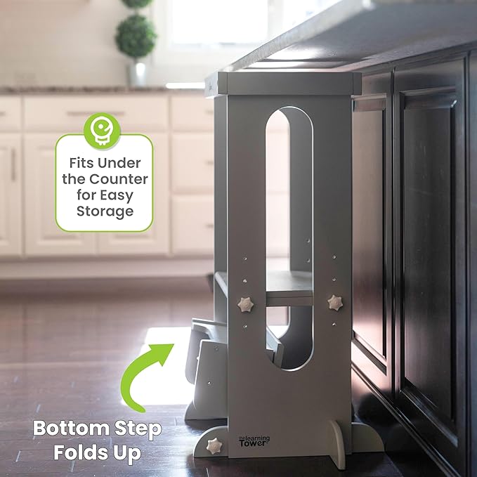 Little Partners Foldable Toddler Tower, Learning Tower Explore 'N Store Montessori Standing Kitchen Tower with Folding Step Stool Platform for Cooking and Learning, Ages 2+ (Silver Drop)