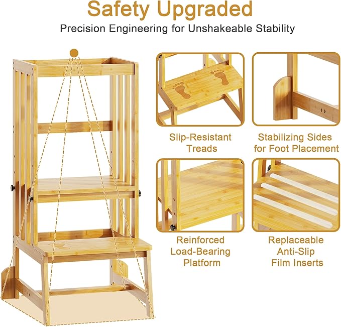 Kids Kitchen Step Stool, Toddler Standing Tower Adjustable Height with Anti-Slip Feet, Toddlers Learning Step Stool Helper for Kitchen Counter or Bathroom Sink, Natural Bamboo