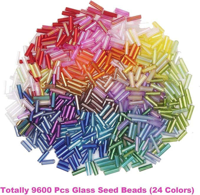 EuTengHao 9600pcs Tube Beads Kit Glass Bugle Seed Beads Small Craft Beads for DIY Bracelet Necklaces Crafting Jewelry Making Supplies with Two Crystal String (7mm, 400 Per Color, 24 Colors)