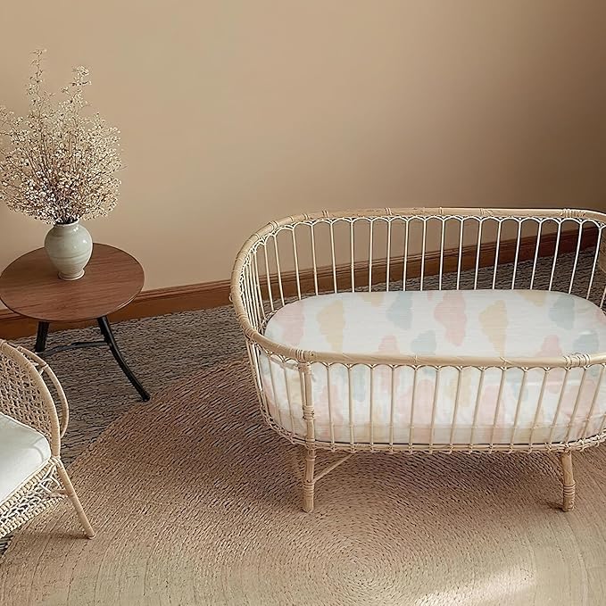 Muslin Bassinet Fitted Sheets, 2 Pack for Baby Boy and Girl, Soft Breathable Baby Pad/Mattress Sheet, Fit for Hourglass Oval and Rectangle Bassinet Mattress (Cute Animals)