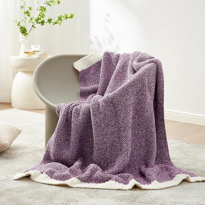 Snuggle Sac Buttery Purple Throw Blanket for Couch, Reversible Super Soft Knitted Blankets, Warm Cozy Knit Fuzzy Plush Lightweight Throws Dupes for Sofa, Bed, Picnic, Purple, 50 x 70 inches