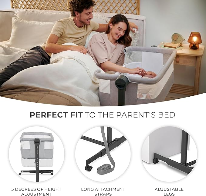 Kinderkraft Neste UP2 Bedside Cot 2 in 1, Co-Sleeper from Birth, Travel cot for Newborn, Adjustable Height, Included Mattress Sheet, with 4 Wheels, Breathable Mesh, Gray