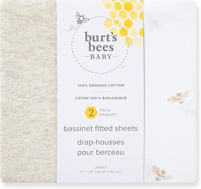 Bassinet Sheet, Infant Fitted BEESNUG Cover, 100% Organic Cotton, Soft Unisex Newborn Essentials for All Standard Oval or Rectangle Bassinet Bed Pads or Mattresses - 15 x 33 Inches