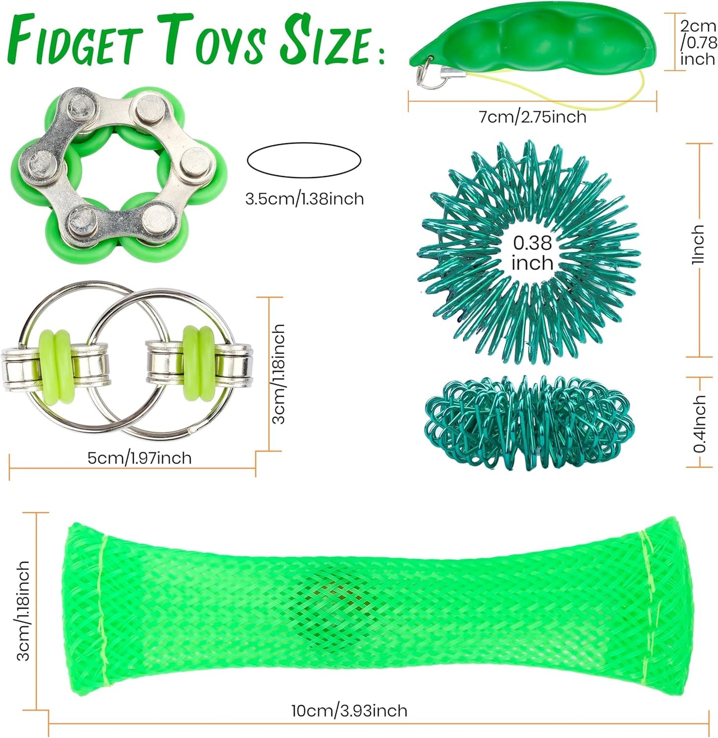 Sensory Fidget Toy 10 Set All Green Roller Bike Chain Fidget Spinner and Marble Fidget Stress Pea Pod Stress Relief Tools, Spiky Sensory Finger Ring for Kids and Adults with Attention Disorder